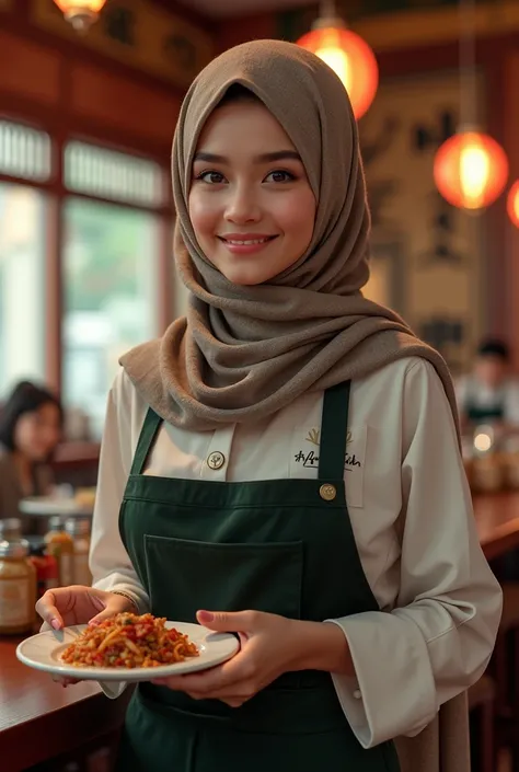 Draw image of Pakistani young woman with hijab engaging in guide staff like waiters and chefs give background of Korean ambiance