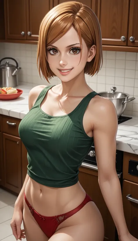 score_9, score_8_above, score_7_above, to break, score_9, to smile,   fair skin  ,hands ,   Nobara Kugisaki ,  short brown hair ,  cabelo castanho detailed,   bright and beautiful brown eyes,striped green tank top shirt   + red panties floss ,      looking...