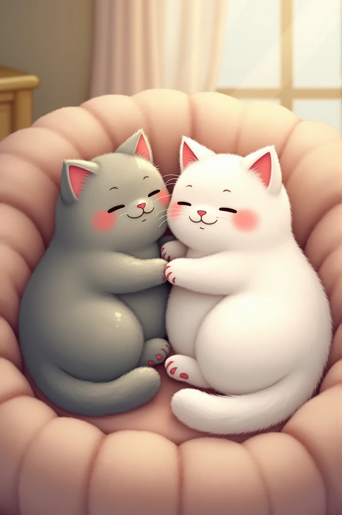 2 cute fat cats:  1 light gray,  1 white cat 