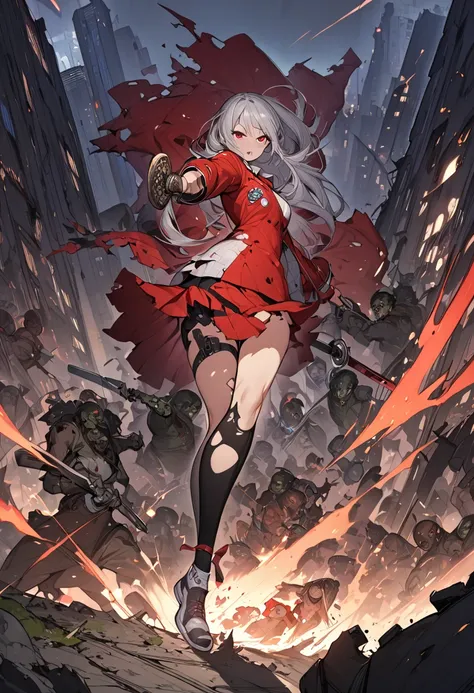  (best quality),(very aesthetic),(ultra-detailed),(best illustration),( highres icon), (beautiful),(masterpiece),(extremely detailed face), A high school girl fighting against a group of zombies in ruins,1girl,Alone,red eyes,silver hair,long hair,big breas...