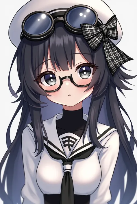 Make an image of an anime girl with long black hair with messy bangs with black eyes with white heart pupils wearing a beret hat with a black and white plaid bow and a Googles in a cropped white schoolgirl outfit with a black bodysuit and blushed with blac...