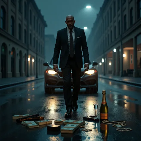  A dark car is standing backwards , A man in a suit walks to the car,  against the backdrop of a rainy dark street. a gun is lying in front of her , champagne,  money and expensive jewelry  