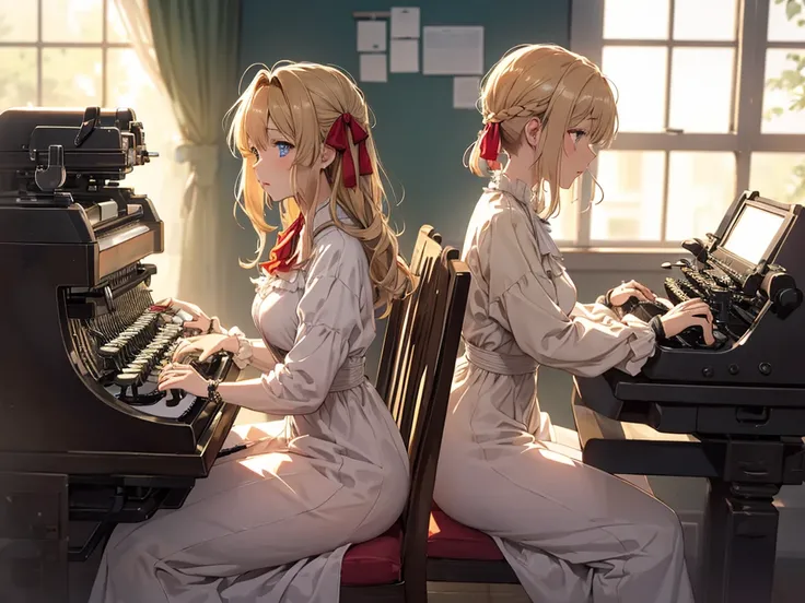 (bright office, desks lined up), hardwood floor, sunlight streaming through window, (((mechanical typewriter))),  ((girls typing a letter, sitting on a chair, typist, girls work in a office)), BREAK 
{((1 cute girl, solo, Violet Evergarden_(Violet Evergard...