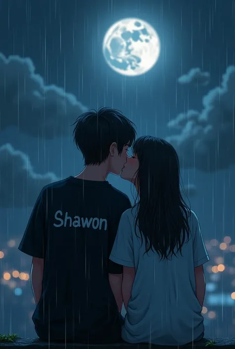 A 20-year-old boy and a 20-year-old girl are soaking in the rain and sitting side by side watching the moon, the boy is wearing a black shirt, and the girl is wearing a white shirt, the boys name is "Shawon" written on his shirt. The girl kiss the boy