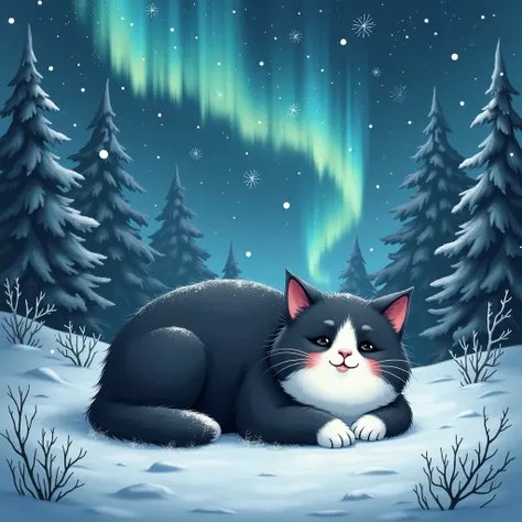 On a snowy, starry night, in a magical forest, a chubby black-whithe cat with an injured minds eye lay helpless.The snow cat was covered in snow.And the northern lights were shining in the sky