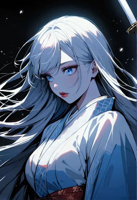 A beautiful anime girl with long silver hair, pale blue eyes, and flawless snow-white skin, wearing a detailed traditional Samurai-style kimono, holding a katana sword and gazing at it intently, medium-sized breasts, details,extremely detailed face and eye...