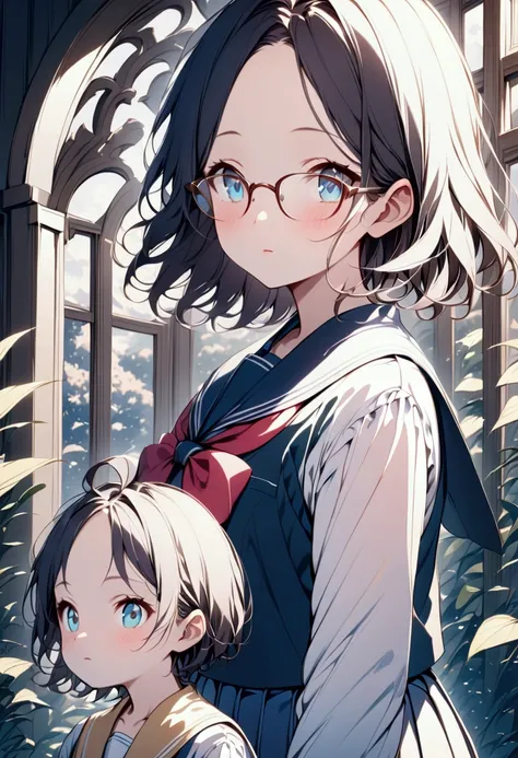  One Girl 、 black hair、 Japanese、Short Hair、Permed、Showing his forehead、Beautiful eyes、future、 school uniform、 College Student 、Black-rimmed glasses、delicate、 slender、 pretty girl、Small stature、Small face
