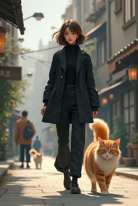 a woman dressed in black casual and walking along with a very recksas angora cat walking together 