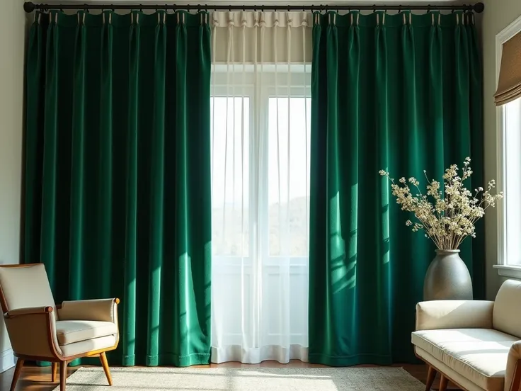  Beautiful emerald curtains made of velvet fabric with beige hooks. All around the interior in light colors, but the curtains should be in the center .