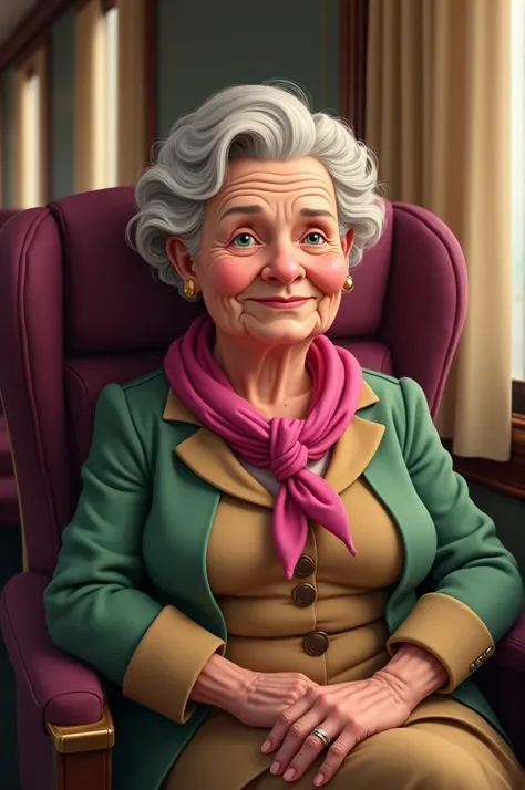 Robust older woman cartoon
White skin with freckles and a mole on the side of her nose
Very short hair with light brown waves
Small eyes 
Disguised smile
Pink scarf
First-class sitting