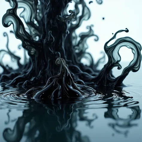 A close-up of thick black ink swirling in water, creating mesmerizing patterns.