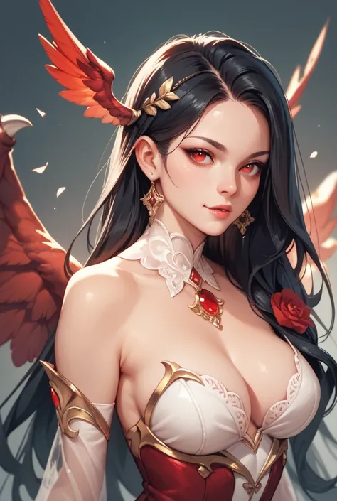 woman　black hair red eyes long hair　Wings growing