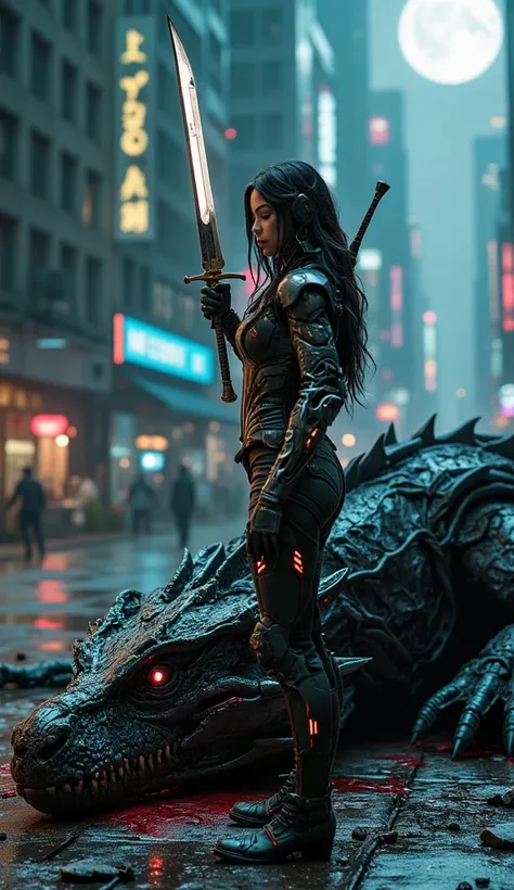 A scene featuring a sleek cyberpunk female warrior in ornate, shimmering armor, standing while holding a large sword planted deeply in the center of the dragons head. The dragon has glossy dark scales, eyes nearly closed, blood dripping from its mouth, and...