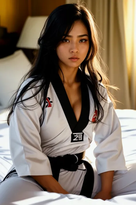 masterpiece, ultra details, best quality, 1 sexy Latina taekwondo girl, masterpiece, ultra details, best quality, black long straight hair, wearing white World Taekwondo Federation dobok uniform with black v-neck, wearing taekwondo blackbelt, wearing white...