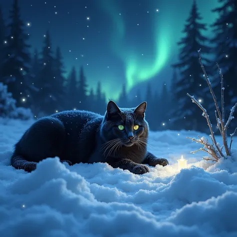 On a snowy, starry night, in a magical forest, a chubby black-whithe cat with an injured minds eye lay helpless.The snow cat was covered in snow.And the northern lights were shining in the sky The cats minds eye was bloody and wounded.