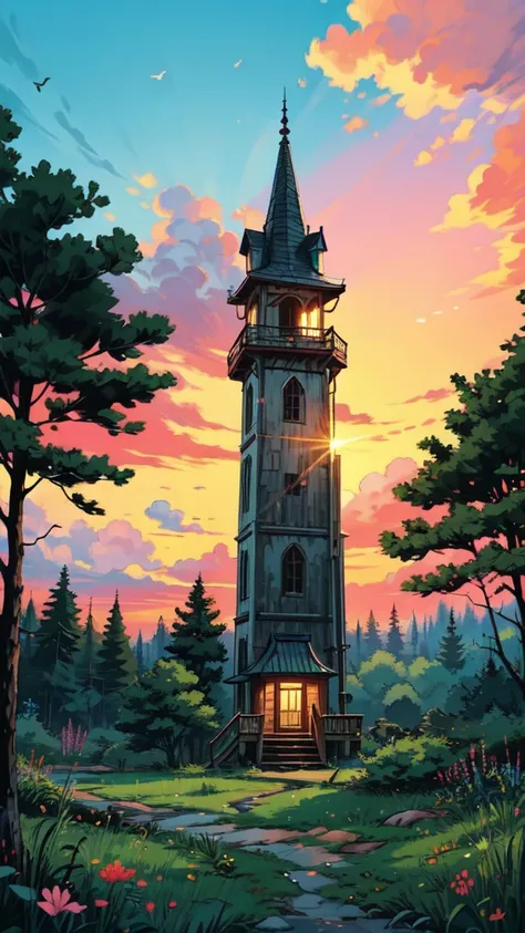 A vibrant anime-style scene featuring a wooden observation tower standing tall in the center of a sprawling forest. The perspective is distant, highlighting the towers intricate wooden beams and simple yet sturdy structure as it rises above the lush green ...