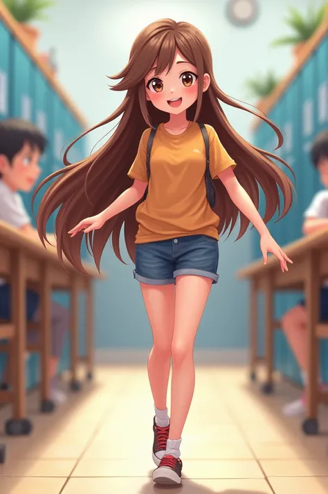 Animation of long brown hair wearing short 
Draw a student