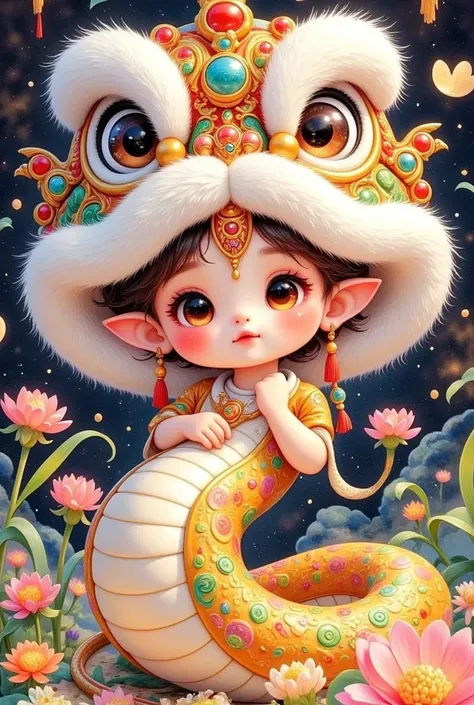 Beautiful boy wearing a Chinese lion hat on his head，A snake tail in the back，