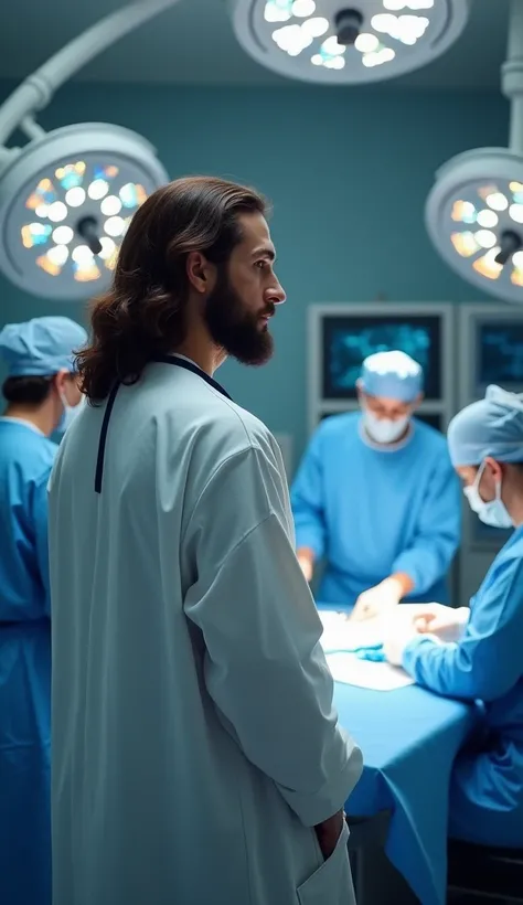 Jesus standing in a high-tech operating room, observing a team of surgeons performing a complex procedure. He is dressed in a white doctors coat, with a stethoscope around his neck, but his serene expression and the subtle glow around him set him apart. Th...