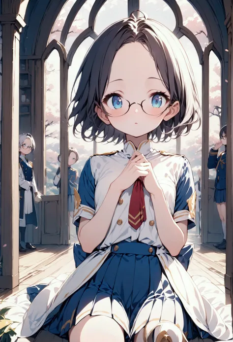  One Girl 、 black hair、 Japanese、Short Hair、 is permed、Showing his forehead、Beautiful eyes、future、The military academy uniform 、 College Student 、Black-rimmed glasses、delicate、 slender、 pretty girl、Small stature、Small face
