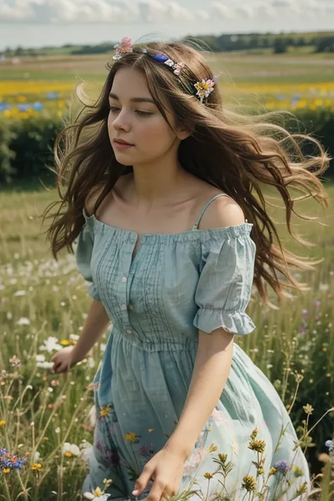 A whimsical and dreamy scene of a girl in a field of wildflowers, her hair adorned with ribbons and her dress billowing in the wind.