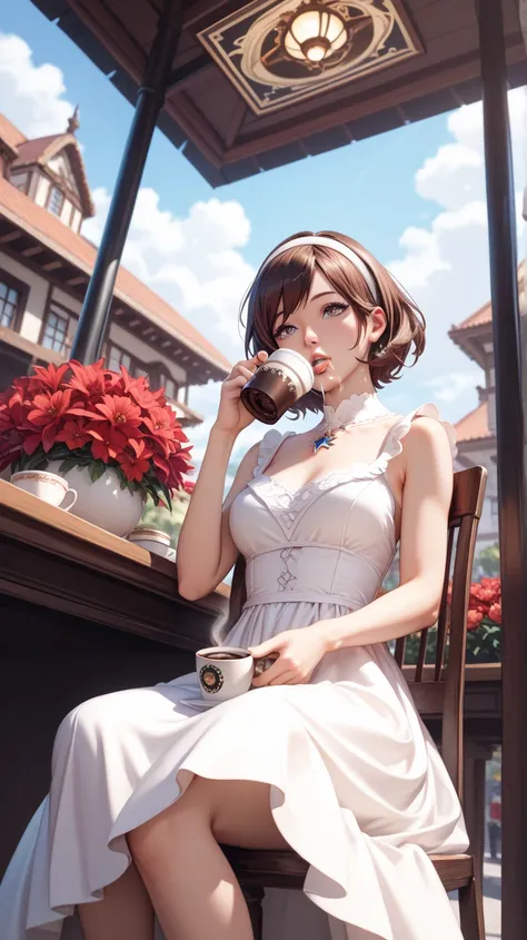 1girl,(masterpiece:1.3),absurd,high resolution,(high resolution), (8K),(extremely detailed),(4k),(pixiv), Perfect face,(detailed eyes) (best quality), (super detailed),(only),(dress:1.3) perfect body, coffee shop (detailed) (day), (shining stars) short hai...