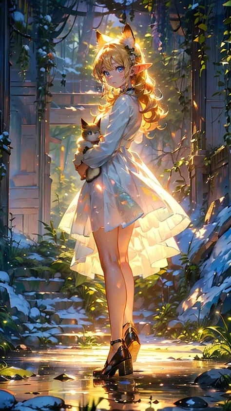 ((masterpiece:1.3)), (( top quality:1.3)),  1 elf woman((頭の上にCat ears, Elf ears long beside it ,  Curly Blonde Hair , ( green eyes:1.2), [Cat ears:1.4])), ( full body, whole body:1.3), (white dress:1.5), (Holding a kitten:1.3), snowの積もったforestの中で座っている, bac...