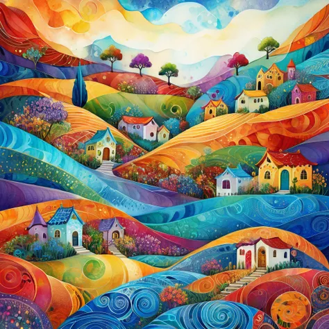 Masterpiece, best quality, high resolution, best composition, dynamic composition, Zentangle style, vibrant abstract landscape, colorful village painting with stars, magical village, whimsical fantasy landscape painting, whimsical art, houses clinging to t...