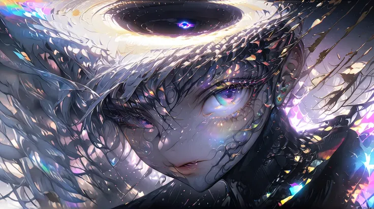 ((Absurd aesthetics cosmic on one eye)), ((black hole on one eye)), Mature beautiful girl, 1girl, alone, (anatomically accurate depiction), (detailed face), (beautiful face), (perfect face), swirling, milky way, weightlessness, Absurd aesthetics, BREAK Hol...