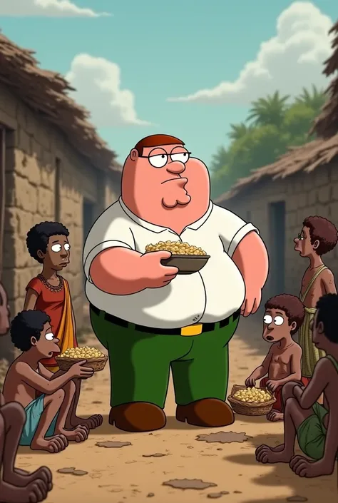 Make picture of Peter Griffin wearing small glasses White t-shirt and green pants and brown shoes and hes helping and feeding black s in African village there are a lot of s sitting next to him and waiting for food s are smaller than him and he is giving t...