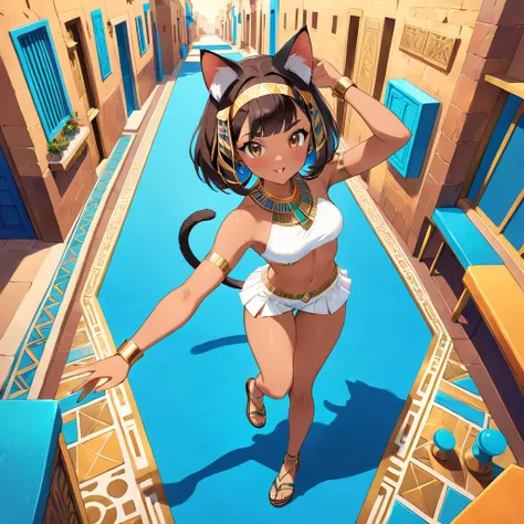 A masterpiece, high resolution, flat illustration, pop art style, vibrant colors, detailed depiction, cute, humorous, fun atmosphere, one girl, full body, diagonal angle from above, Bastet girl dancing to dance music, dynamic pose, young and attractive, ta...