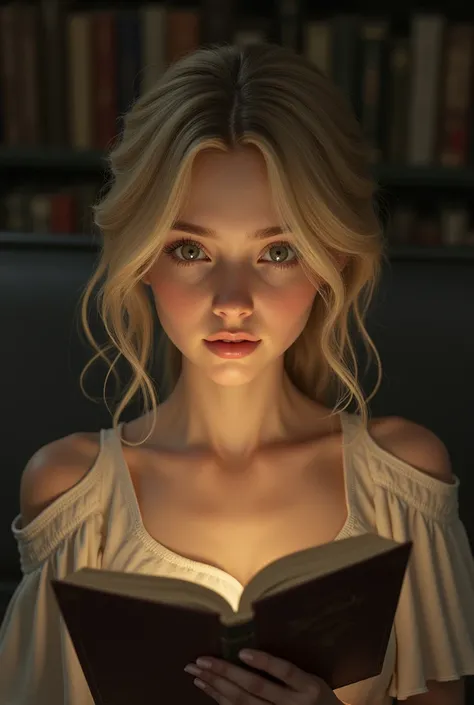 blond girl, with eyes green-grey, reading a book