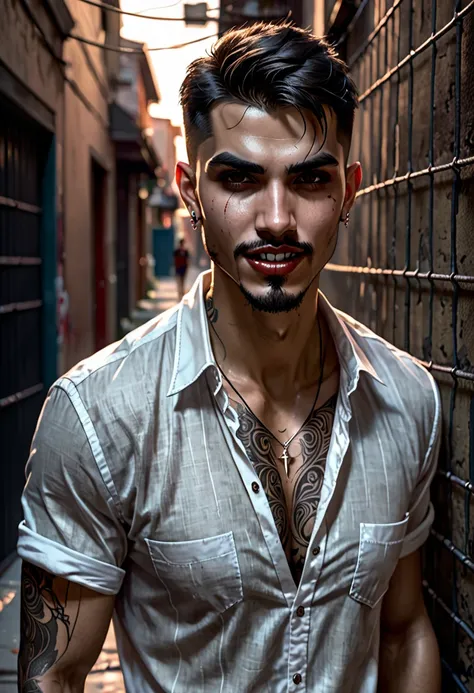 in the style of Charlie Bowater, (UHD),Vampire, Detealized face, fangs, man in an alley, net shirt, latino, jeans, barefoot, mouth open to bite, brown short hair, small tattoo (cross) on face (right cheek), 