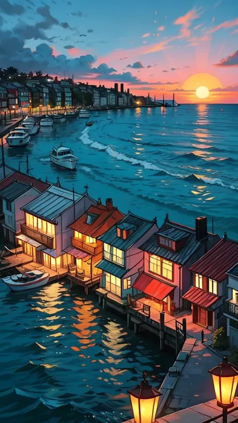 A lively coastal city with colorful buildings stacked along the cliffs overlooking the ocean. Boats with glowing lanterns bob in the harbor as the sun sets, painting the water in shades of orange and pink. ren play along the docks, laughing in the evening ...