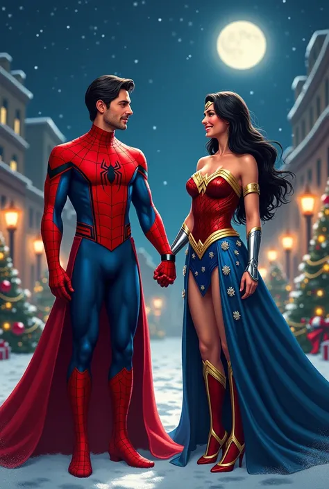 Draw Spiderman and wonderwoman hand in hand and wear christmas dress at night 