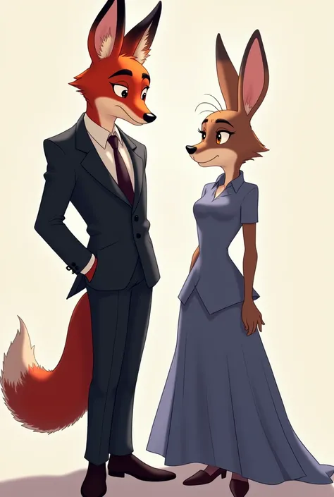 Nick wilde wearing an elegant suit and Judy hoops wearing a beautiful and elegant dress with plane background create an anime photo full standing 