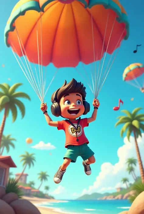 Dj boy with beach background falling in animated cartoon parachute