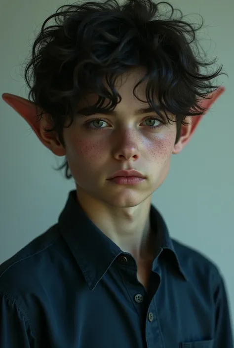 A hairy boy more or less up to his shoulder,  he has black hair and wears a dark blue dress shirt,  he has green eyes and is half brown , He has an elfs ear hes always serious and kind of sad