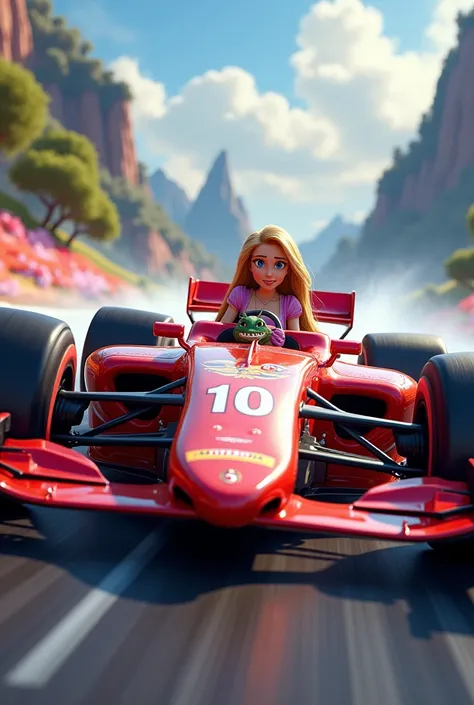 Rapunzel driving Lightning McQueen in the form of an F1 with Mushu as a small co-pilot