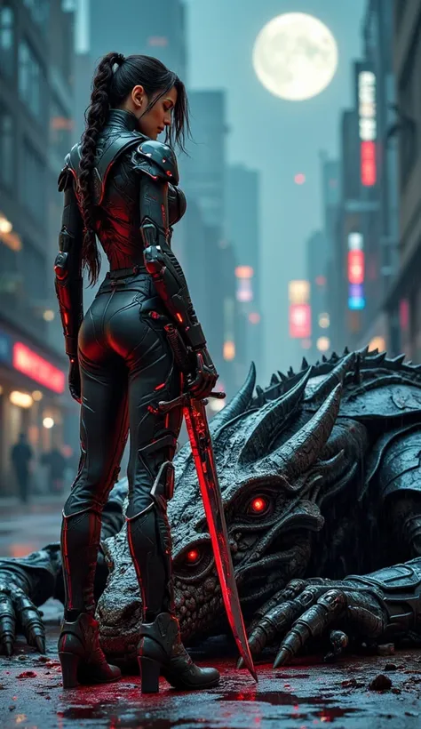 A scene featuring a sleek cyberpunk female warrior in ornate, shimmering armor, 

standing while holding a large blood sword planted deeply in the center of the dragons head. 

The dragon has glossy dark scales, eyes closed, blood dripping from its mouth, ...