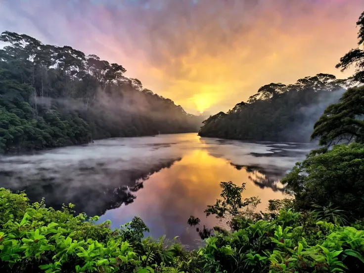 forest  , fog , Water , flores , Spectacular illuminated sky , sunset.