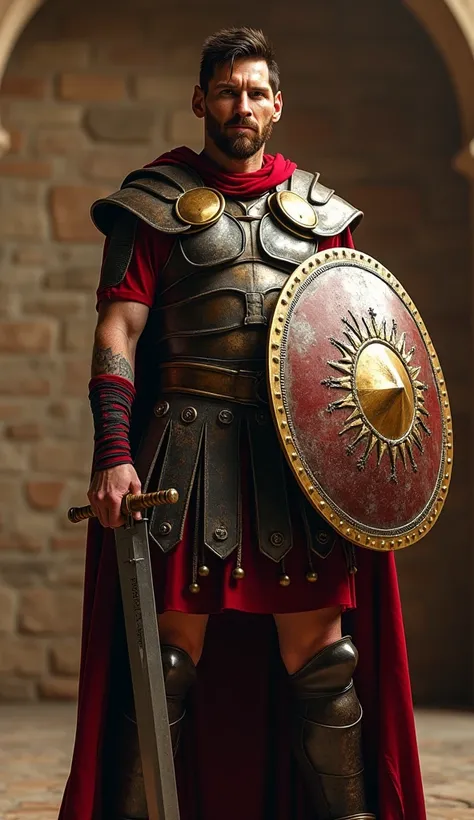 A full-body, wide-angle depiction of Lionel Messi wearing traditional gladiator armor from the Ancient Roman era, holding a sword in one hand and a shield in the other. He stands confidently, exuding strength and determination, with a fierce and focused ex...