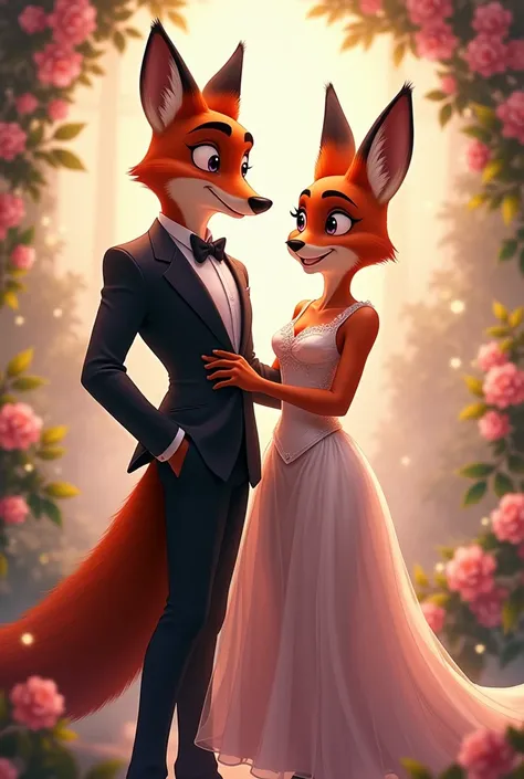 Nick wilde wearing an elegant suit and Judy hoops wearing a beautiful and elegant dress with a Romantic background create a realistic anime photo full standing 