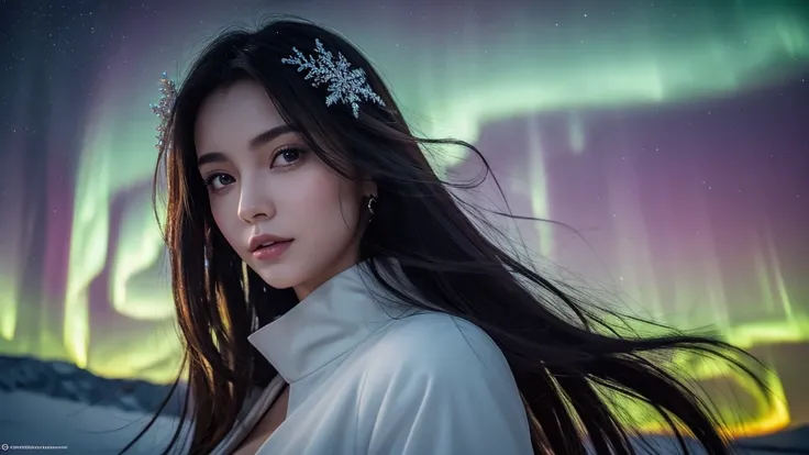 8k, RAW photo, best quality, masterpiece:1.2), (realistic, photo-realistic:1.4), (extremely detailed 8k wallpaper).A mesmerizing and alluring illustration of a stunning young woman under a breathtaking aurora night sky. Her delicate features radiate elegan...