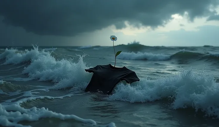 Realistic picture ,daisy flower and black T-shirt floating in the middle of the sea, cloudy dark clouds,waves, storm,wide camera point of view from above  ,realistic style,realism
