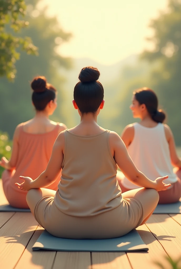 3 moms , asian ,  yoga,  from behind, looking behind, smile , curvy, doing yoga