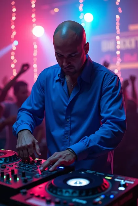 DJ playing music .Bald guy with the blue blouse .