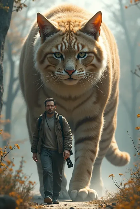 Man walking alongside giant cat appears from front close to camera
