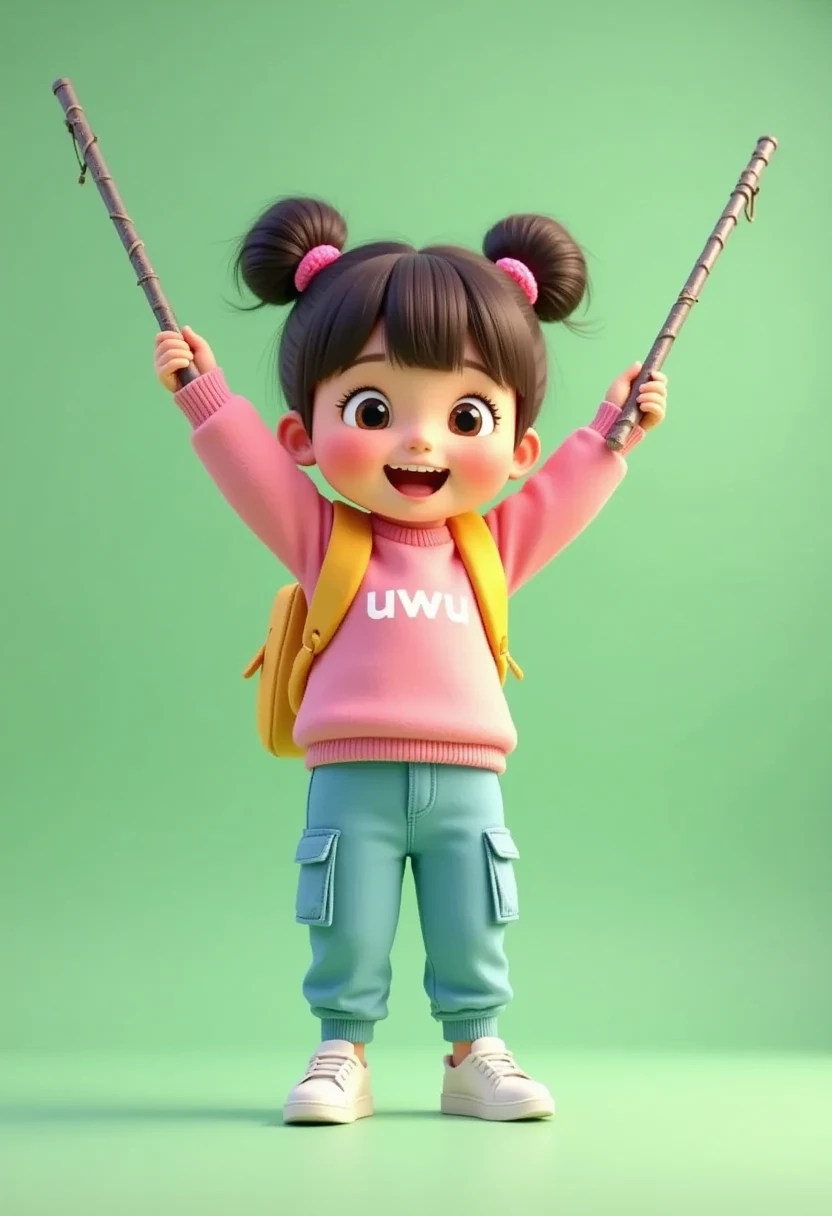 Prompt Teks:
A cheerful and lively scene in a minimalistic setting with a plain green or white background, styled in 3D Pixar animation with a soft pastel color palette. Uwu, a cute and adorable  girl with her hair styled in two buns and bangs, is holding ...