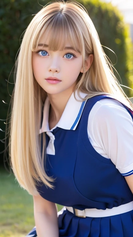  Clear, Big, Extremely Bright Blue Eyes 、Bangs above both eyes、 beautiful 18-year-old girl with a perfectly beautiful 18 year old baby face、Young, beautiful, white, glossy skin ,,、Sexy and very beautiful、 very cute face and perfect beauty 、 super long plat...